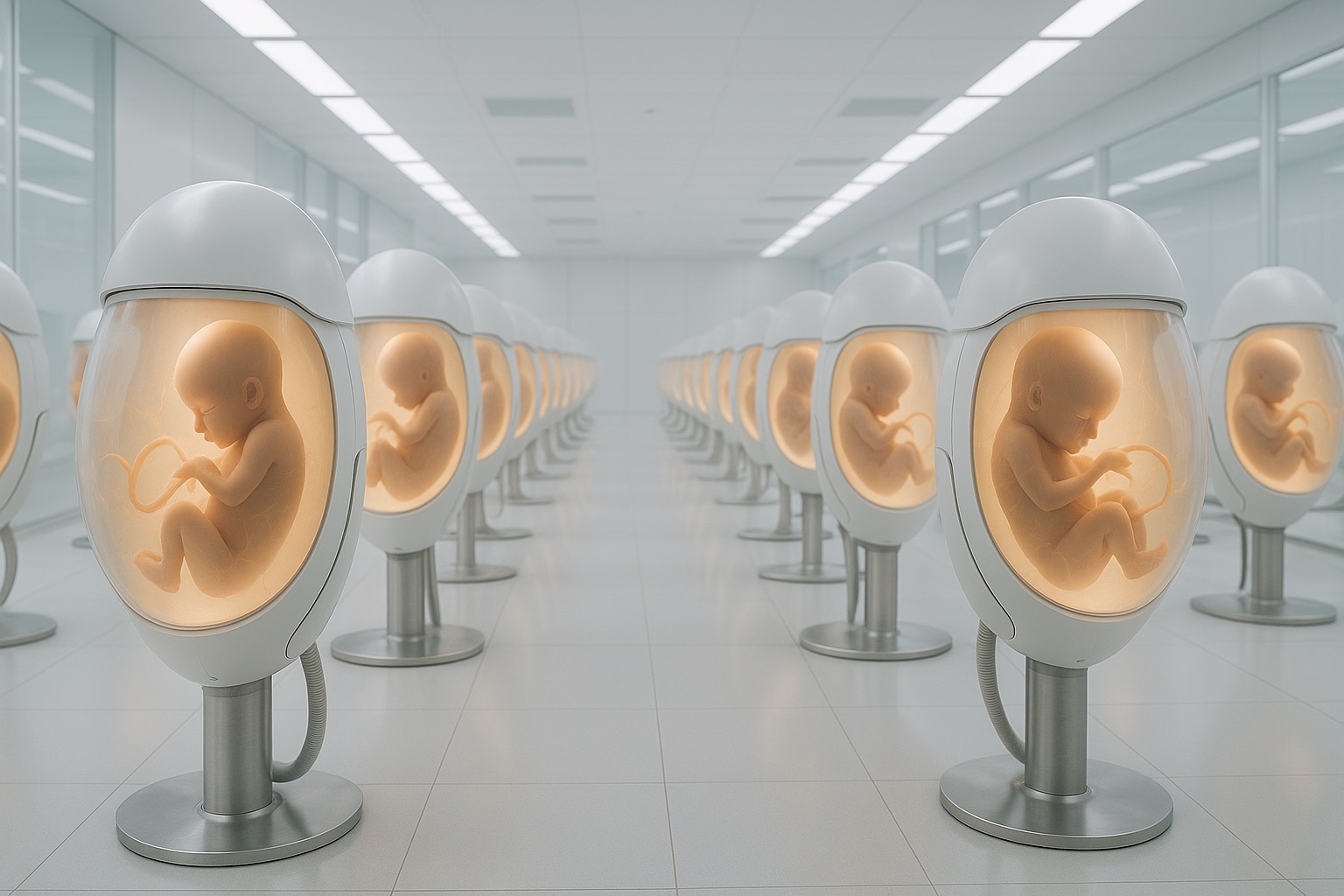 A futuristic biotech facility with long clean rows of translucent artificial womb pods, each glowing with a soft amber light in a bright, sterile clinical laboratory